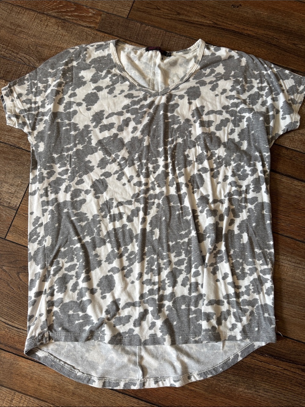 Crazy Train Gray & White Short Sleeve Cow Print Tee with Rounded Hem